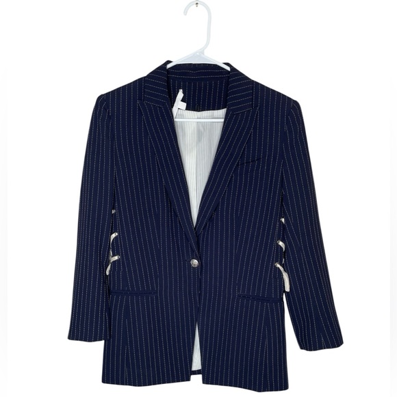 Veronica Beard Taylor Lace Up Side Navy Pinstripe Blazer Jacket Women’s Size 4 - Picture 3 of 13
